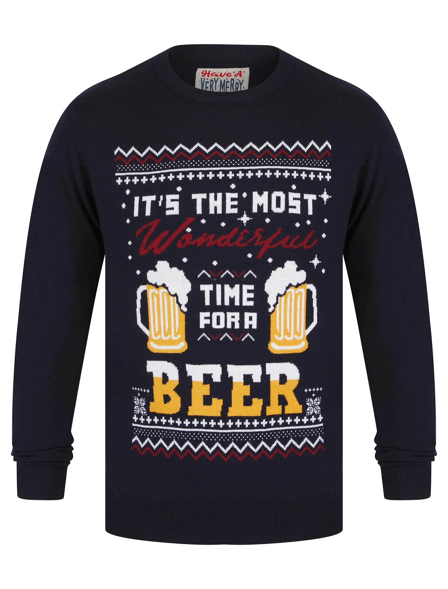 Men's Time For A Beer Novelty Knitted Christmas Jumper in Ink - Merry Christmas