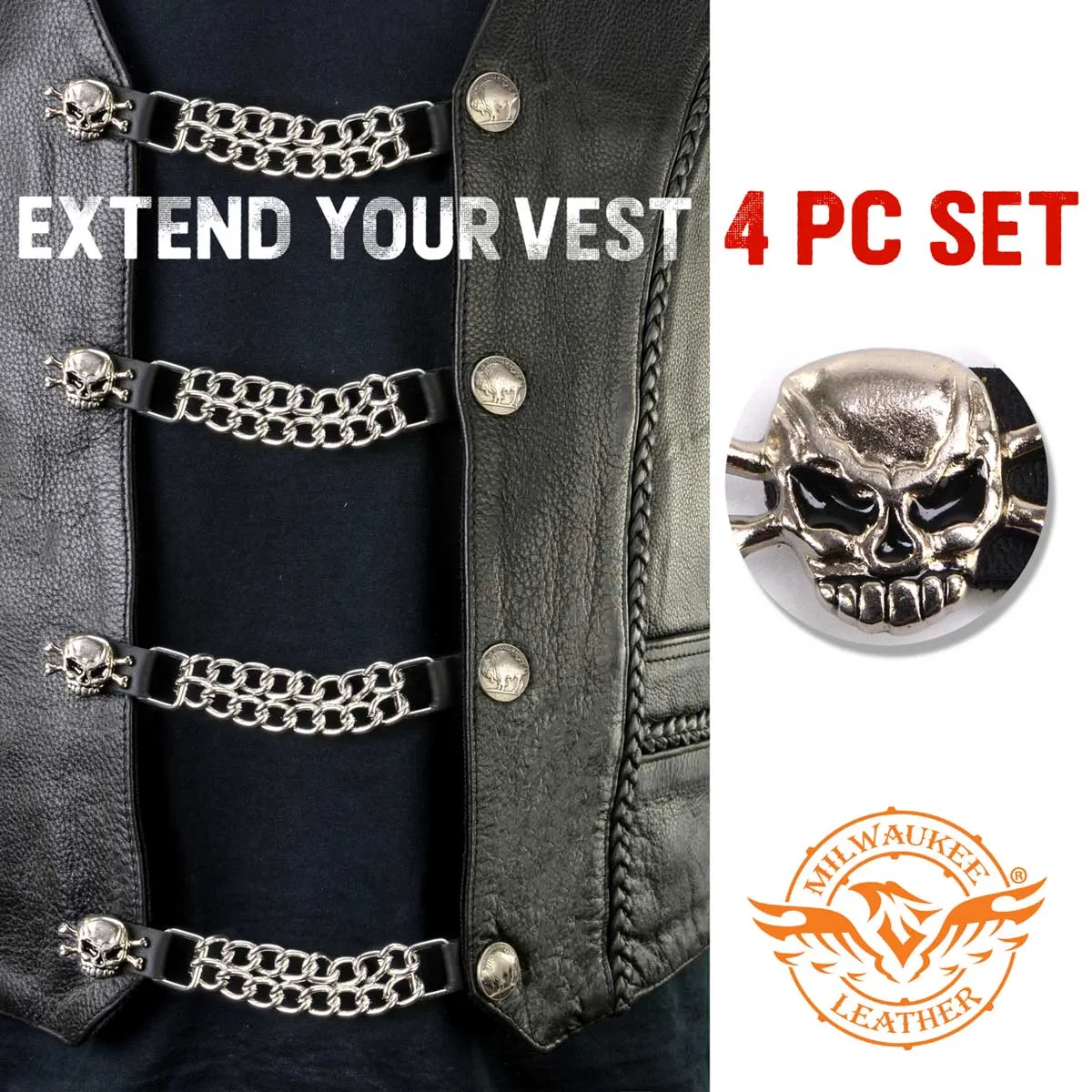 Milwaukee Leather MLA6041SET Skull and Cross Bones 4-PCS Vest Extender