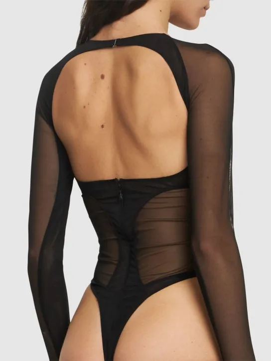 MUGLER   Stretch tulle cross collar bodysuit 