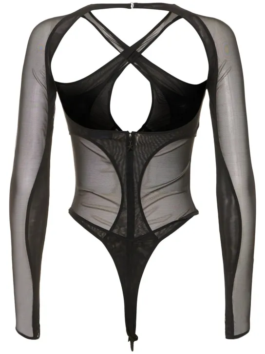 MUGLER   Stretch tulle cross collar bodysuit 