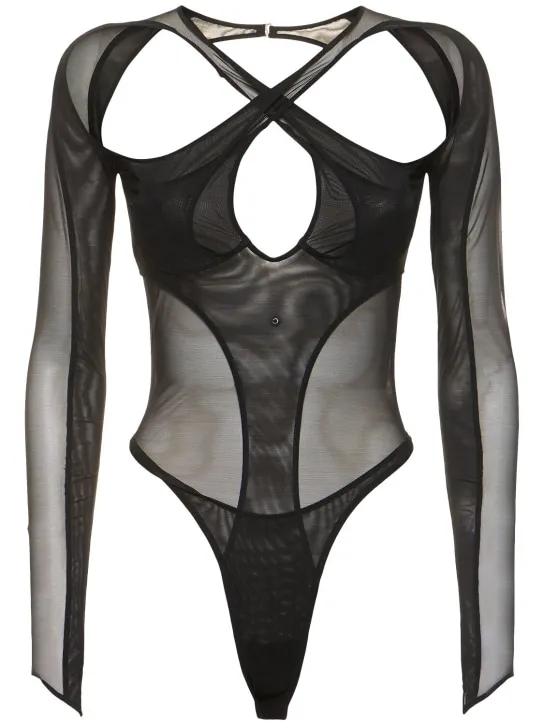 MUGLER   Stretch tulle cross collar bodysuit 