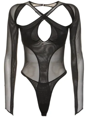 MUGLER   Stretch tulle cross collar bodysuit 