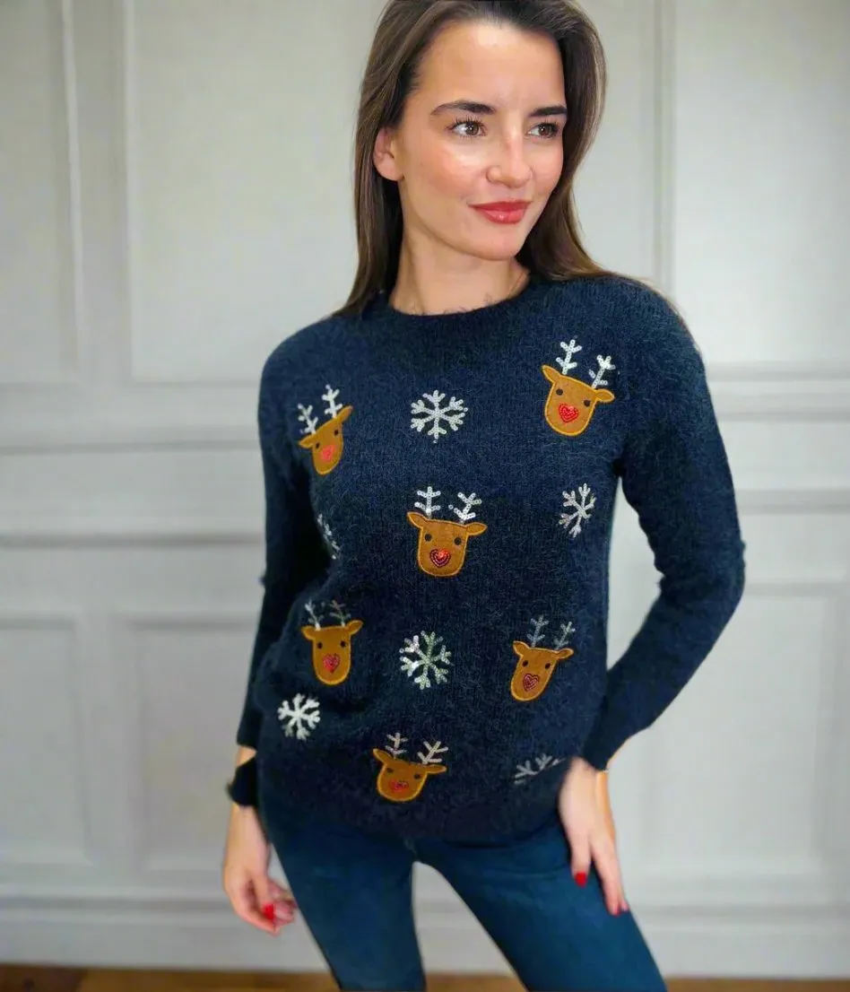 Navy Snowflake & Reindeer Christmas Jumper