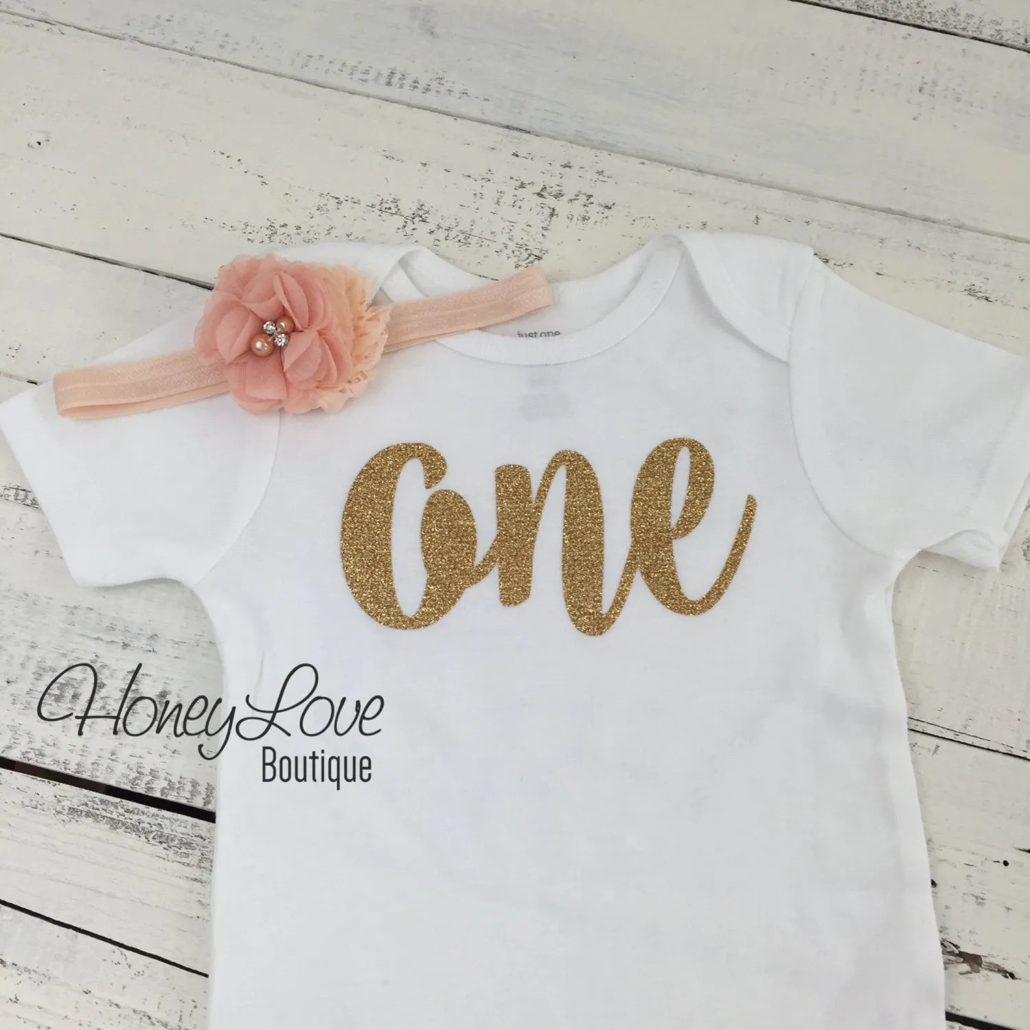 One - Birthday Outfit - Gold glitter and Peach - embellished pettiskirt