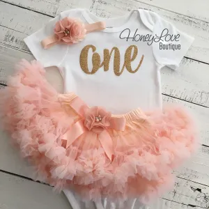 One - Birthday Outfit - Gold glitter and Peach - embellished pettiskirt