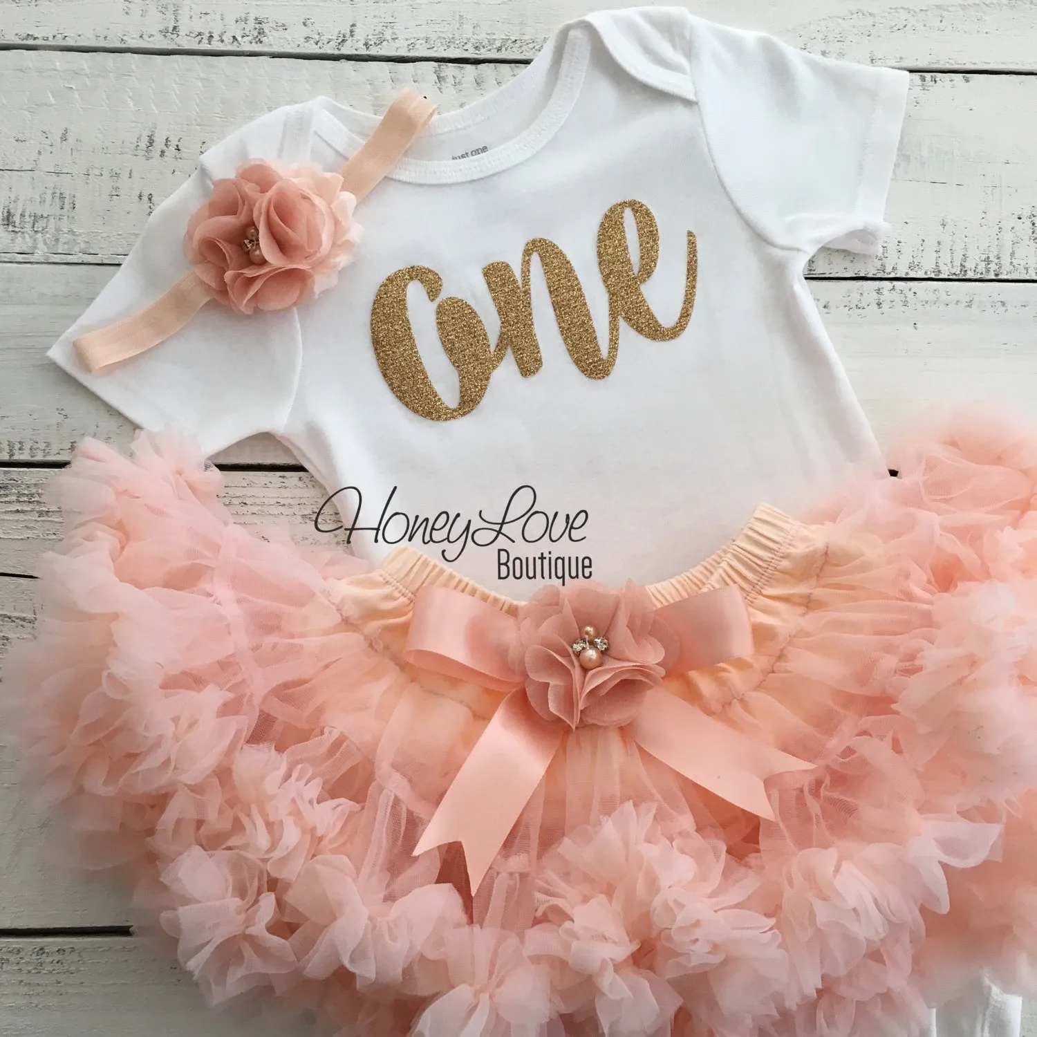 One - Birthday Outfit - Gold glitter and Peach - embellished pettiskirt