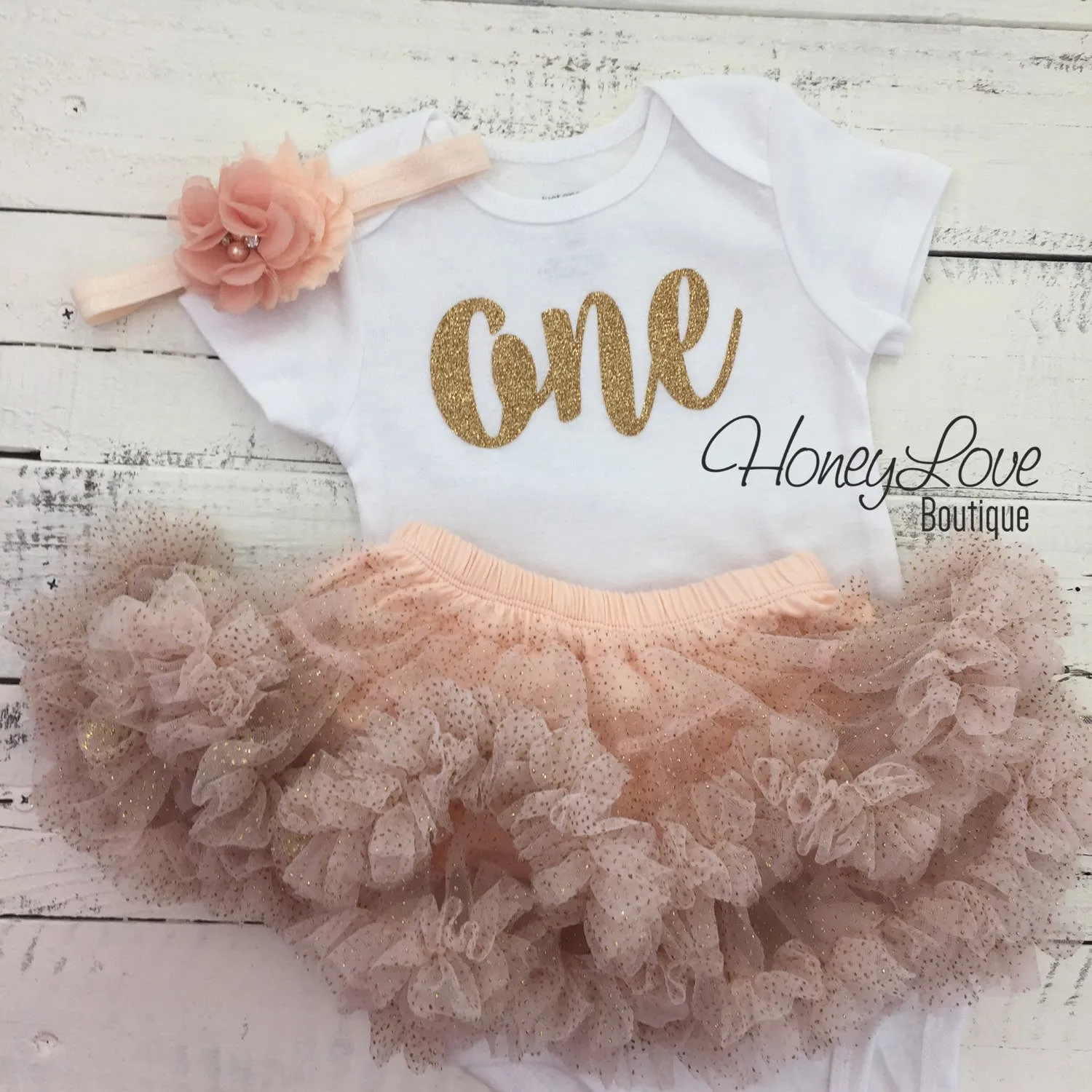 One - Birthday Outfit - Gold Glitter with Glitter Peach