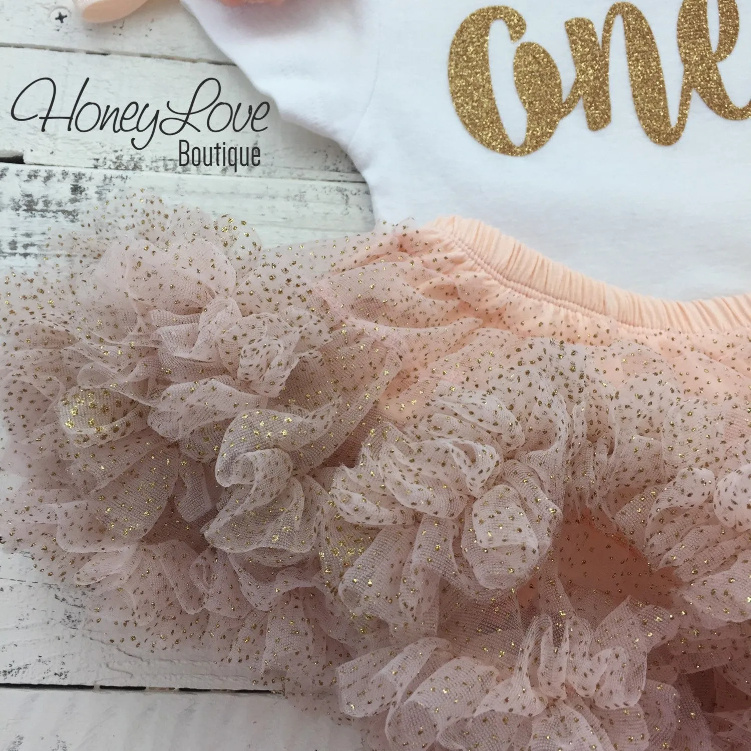 One - Birthday Outfit - Gold Glitter with Glitter Peach