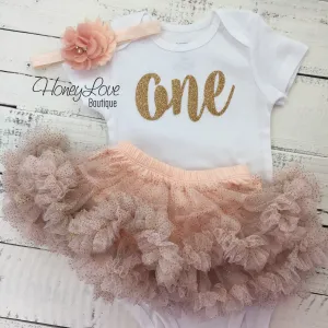 One - Birthday Outfit - Gold Glitter with Glitter Peach