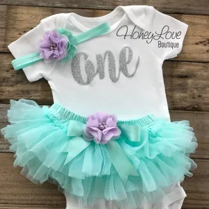 One - Birthday Outfit - Mint/Aqua, Lavender Purple and Silver/Gold glitter - embellished tutu skirt bloomers