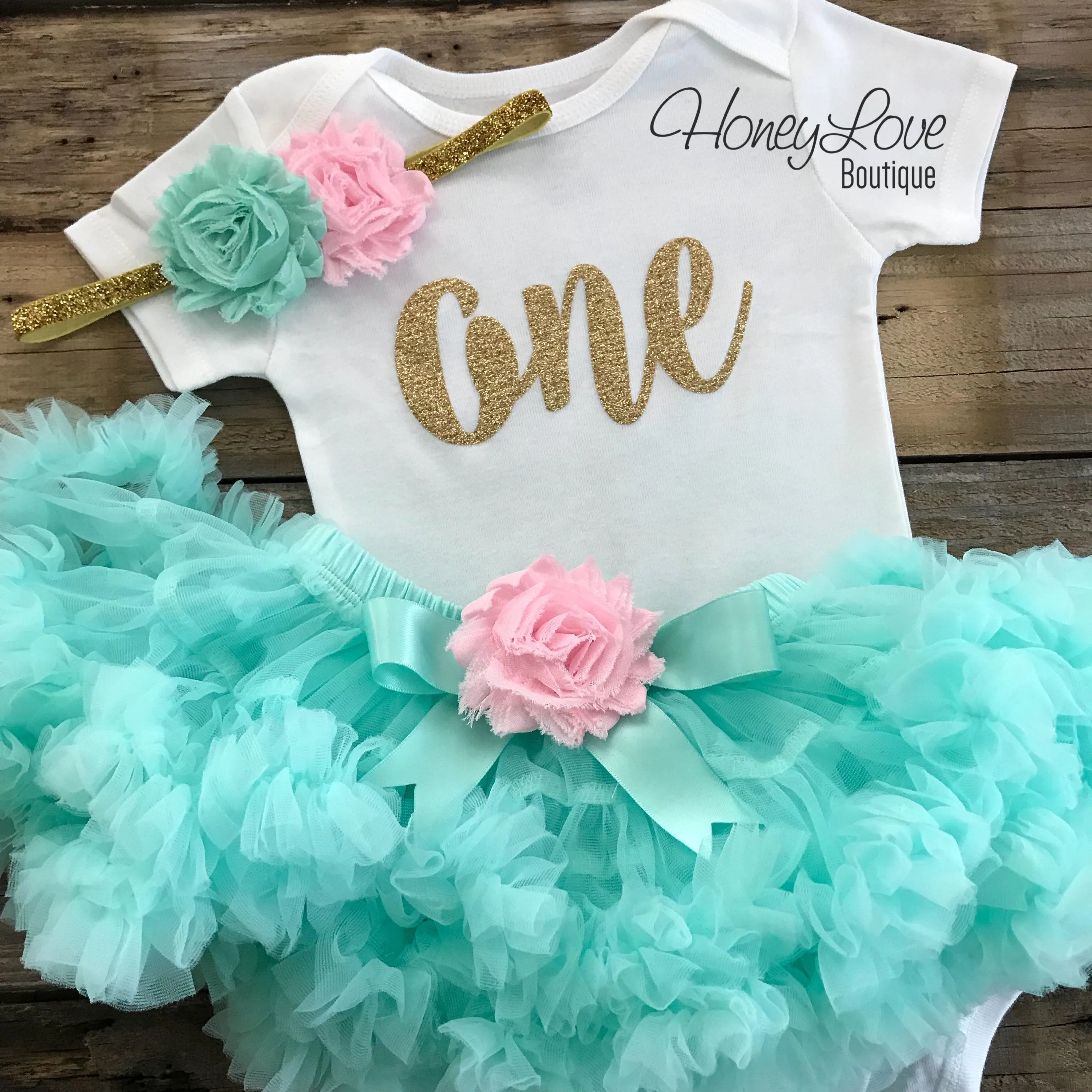 One - Birthday Outfit - Mint/Aqua, Light Pink and Silver/Gold glitter