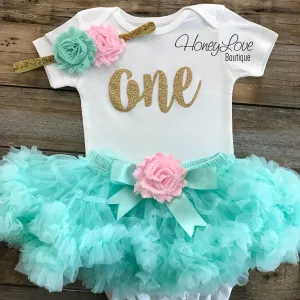One - Birthday Outfit - Mint/Aqua, Light Pink and Silver/Gold glitter