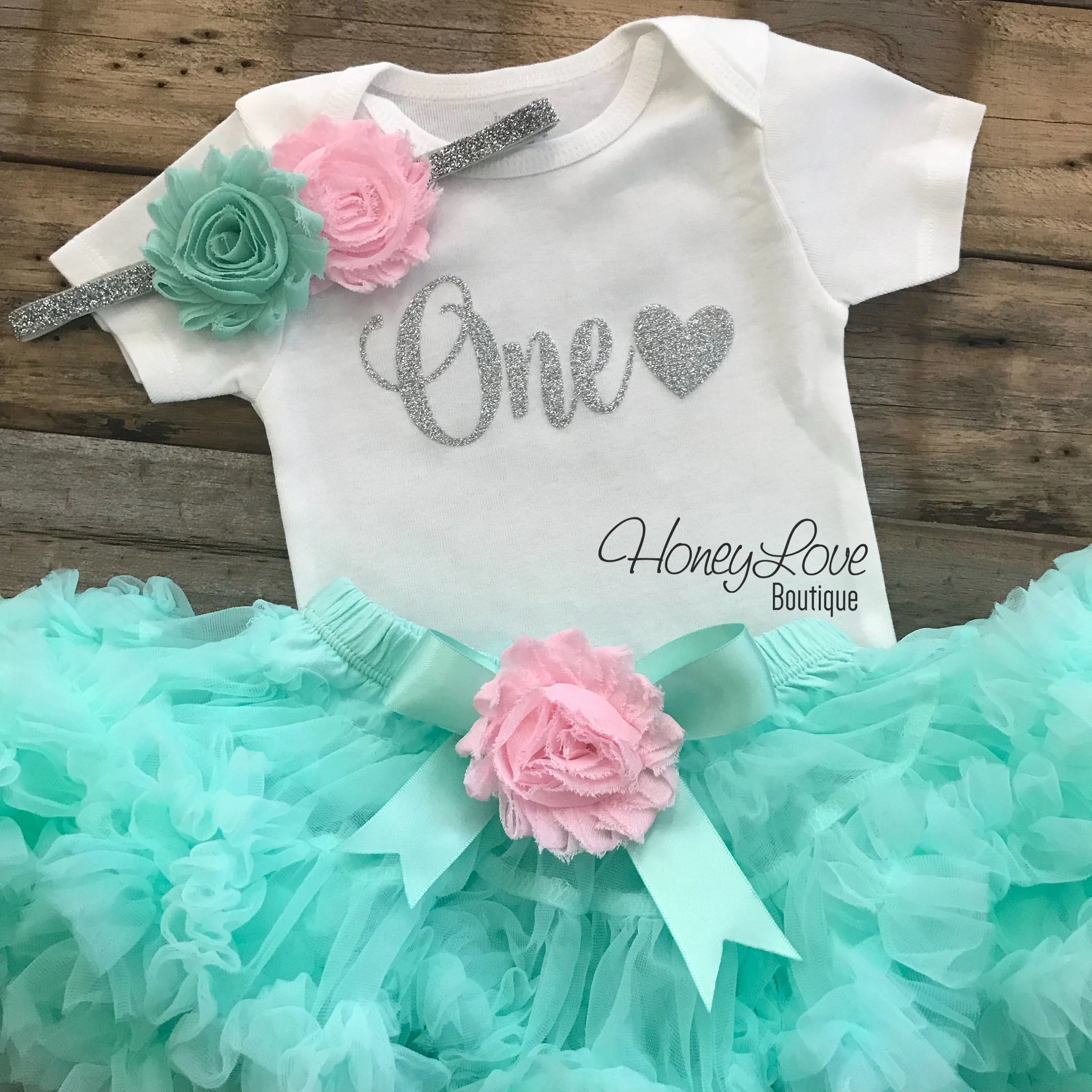 One with heart - Birthday Outfit - Mint/Aqua, Light Pink and Gold/Silver glitter