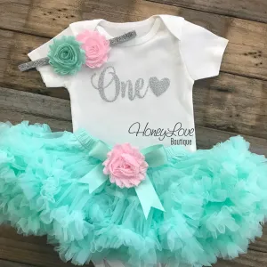 One with heart - Birthday Outfit - Mint/Aqua, Light Pink and Gold/Silver glitter
