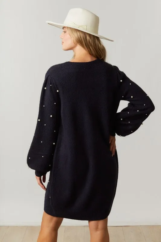 Pearl-fection Black Sweater Dress