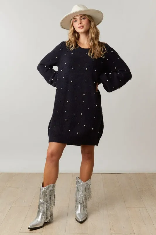 Pearl-fection Black Sweater Dress