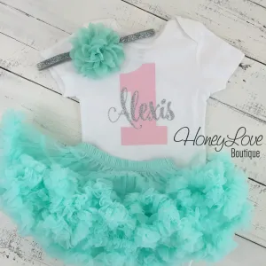 Personalized 1st Birthday Outfit - Silver/Gold glitter, Light Pink and Mint/Aqua