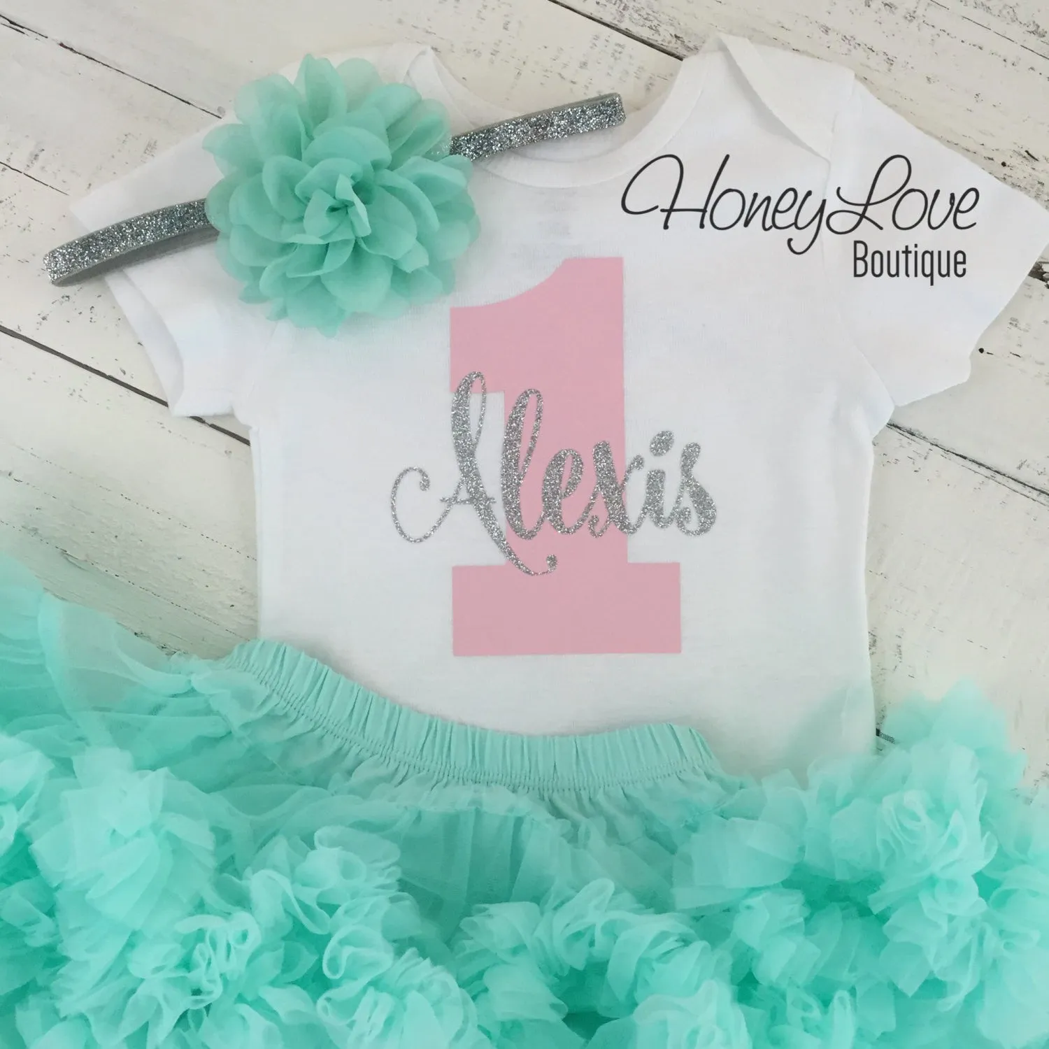 Personalized 1st Birthday Outfit - Silver/Gold glitter, Light Pink and Mint/Aqua