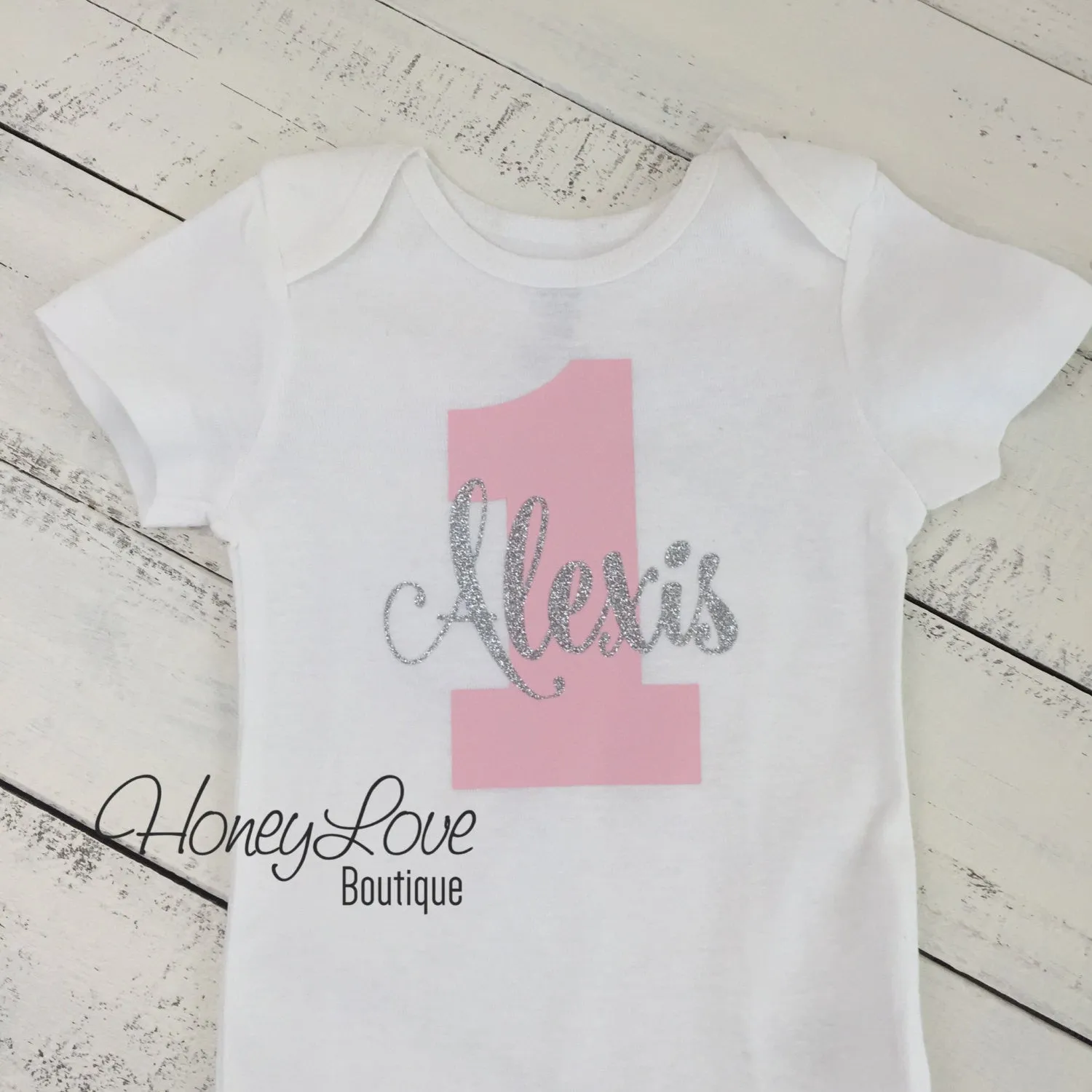 Personalized 1st Birthday Outfit - Silver/Gold glitter, Light Pink and Mint/Aqua