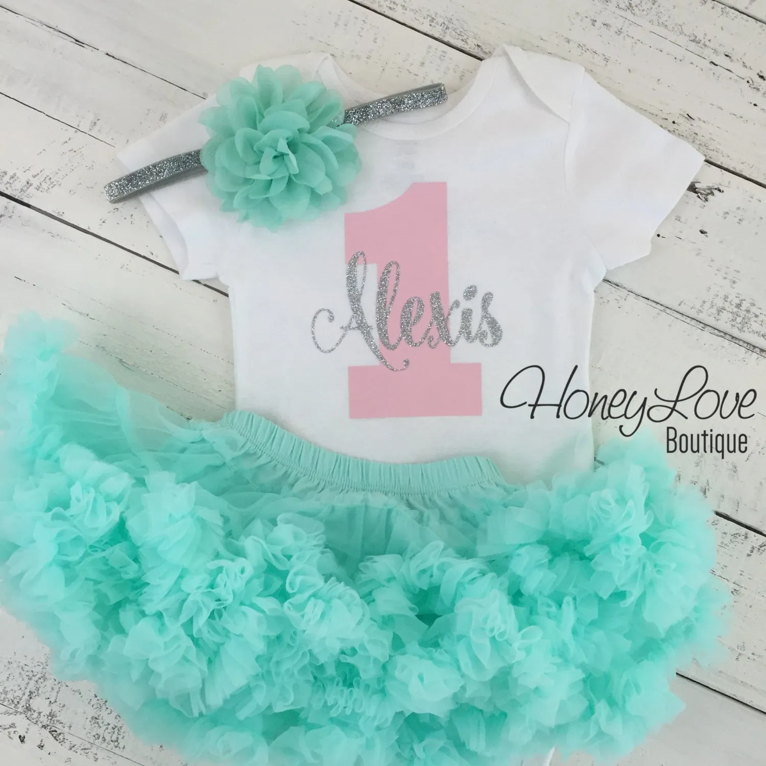 Personalized 1st Birthday Outfit - Silver/Gold glitter, Light Pink and Mint/Aqua