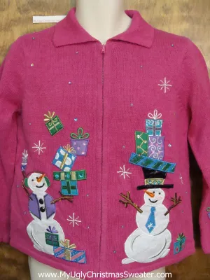 Pink Ugly Xmas Sweater with Trick Snowmen