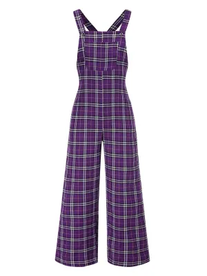 Purple 1960s Plaids Wide-Leg Overall Jumpsuit