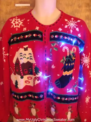 Red Gingerbread House Light Up Ugly Xmas Sweater