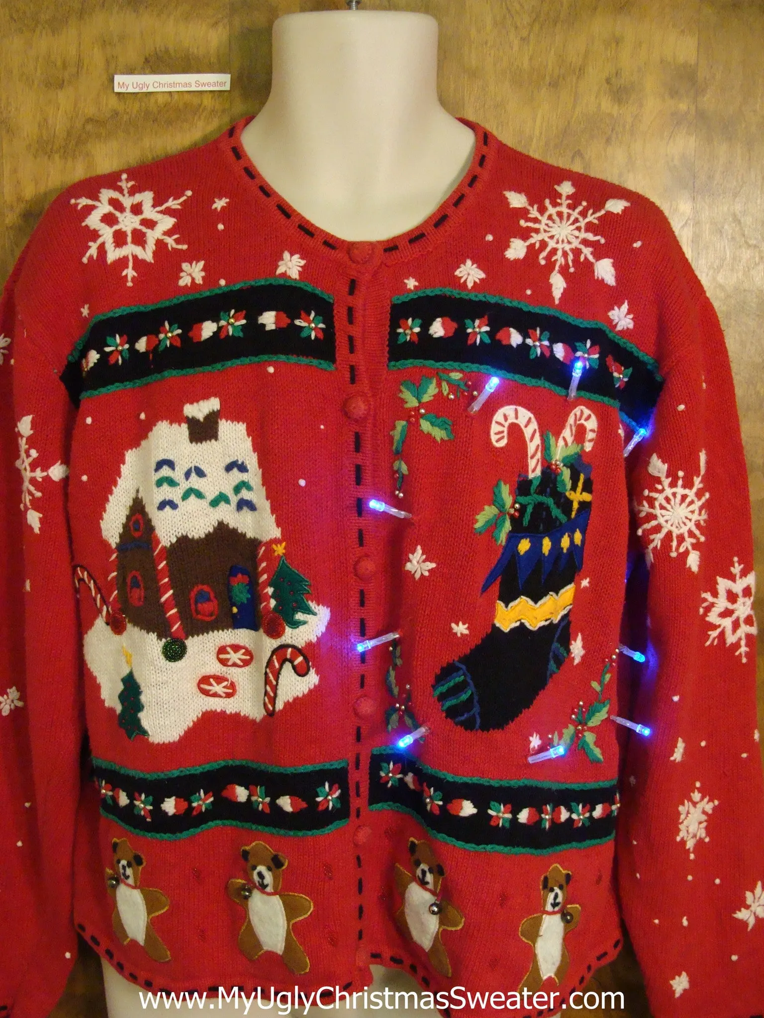 Red Gingerbread House Light Up Ugly Xmas Sweater