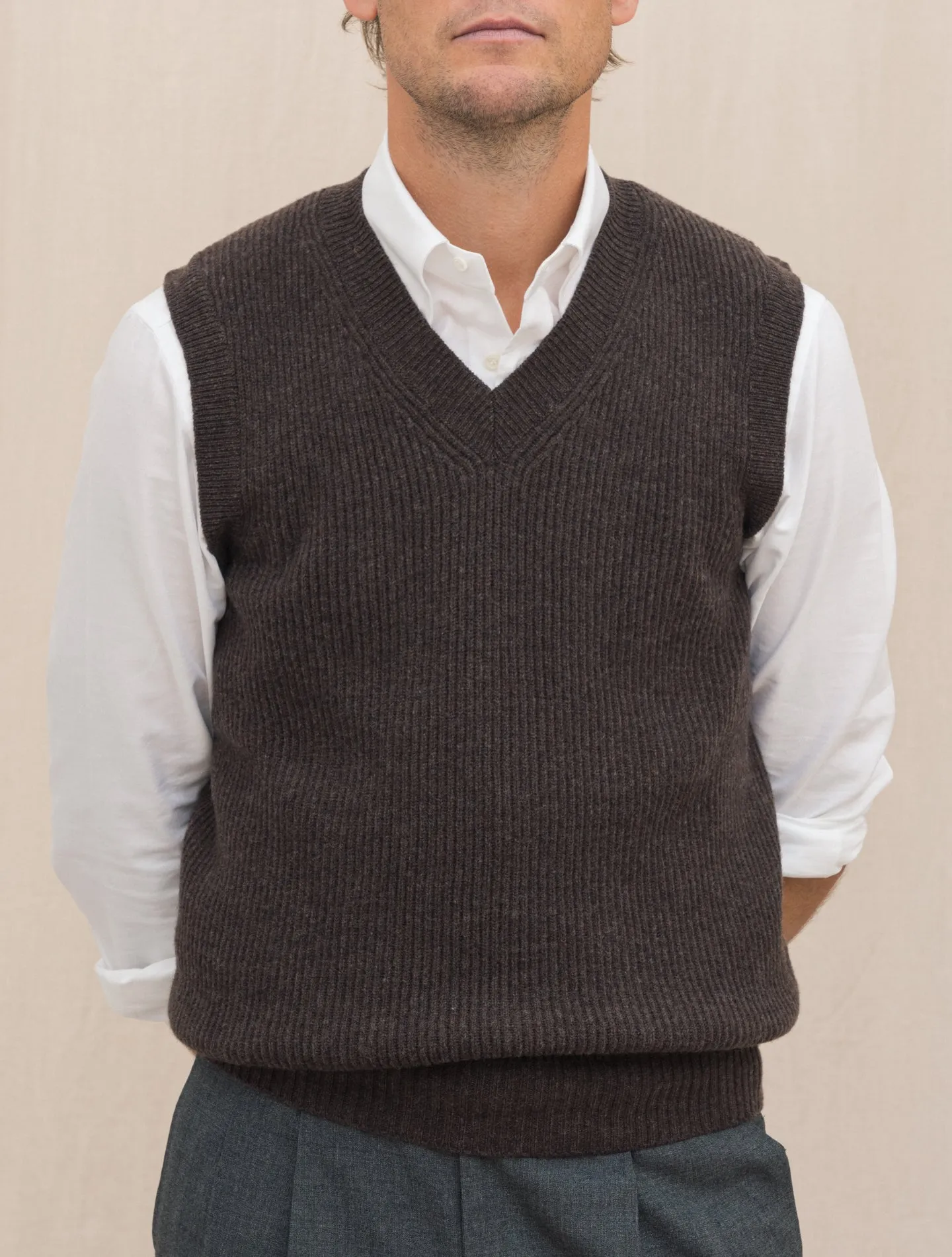 Rib Knitted Wool Sweater Vest Brown