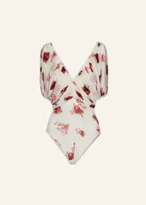Ruched v neck bodysuit in cream print