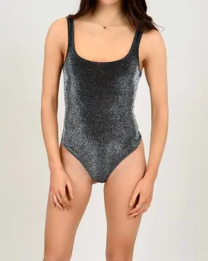 Sheer Glitter Scoop Neck Bodysuit in Black | Black