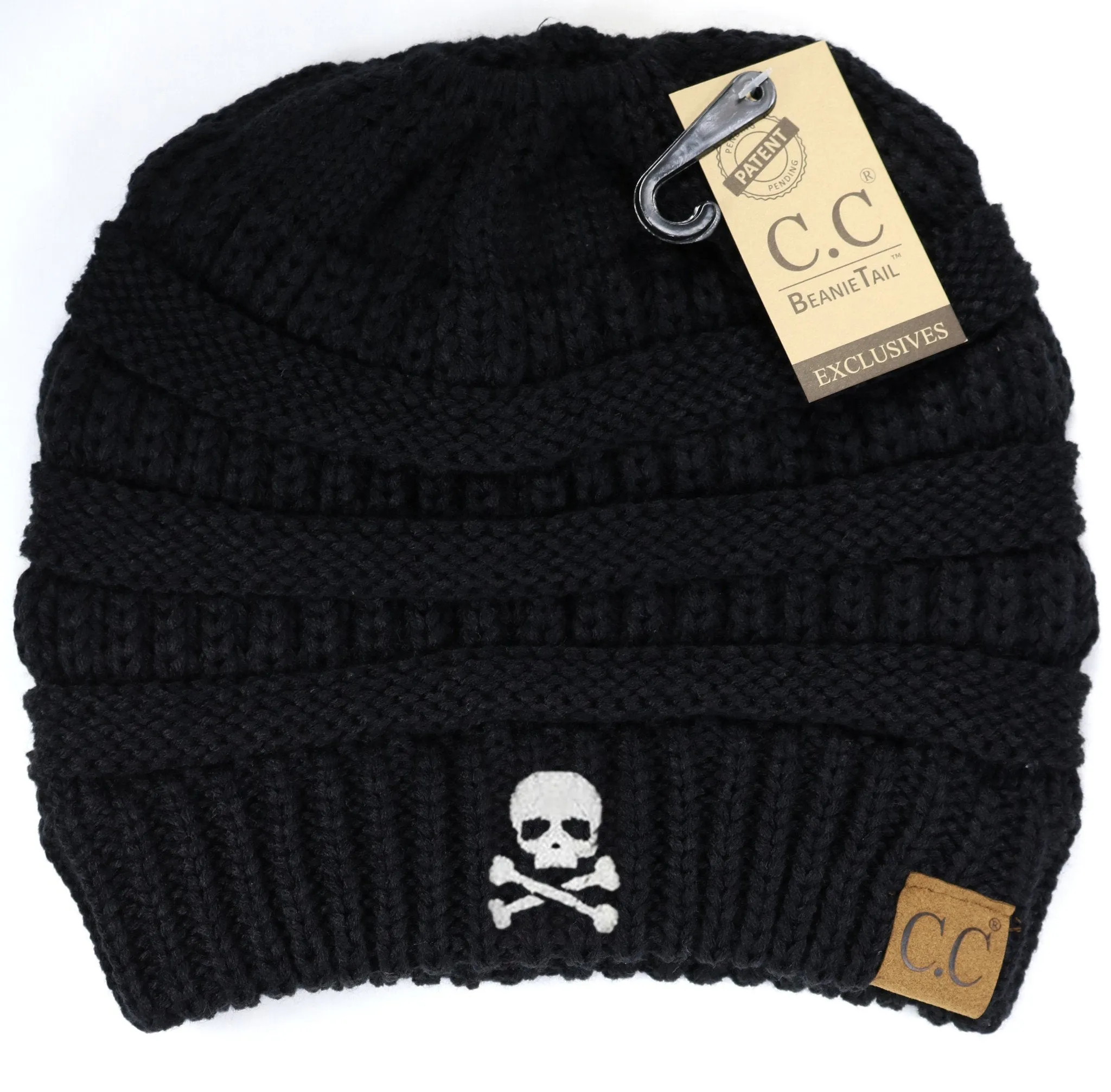 Skull & Crossbones Ponytail Messy Bun Beanie