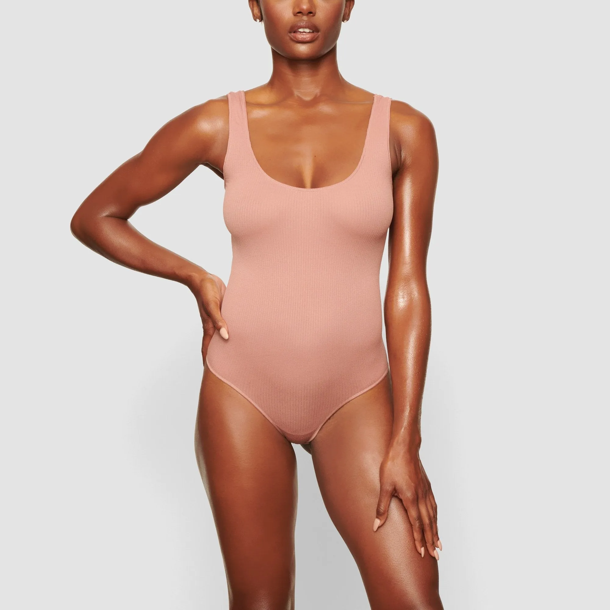 STRETCH RIB SCOOP TANK BODYSUIT | ROSE CLAY
