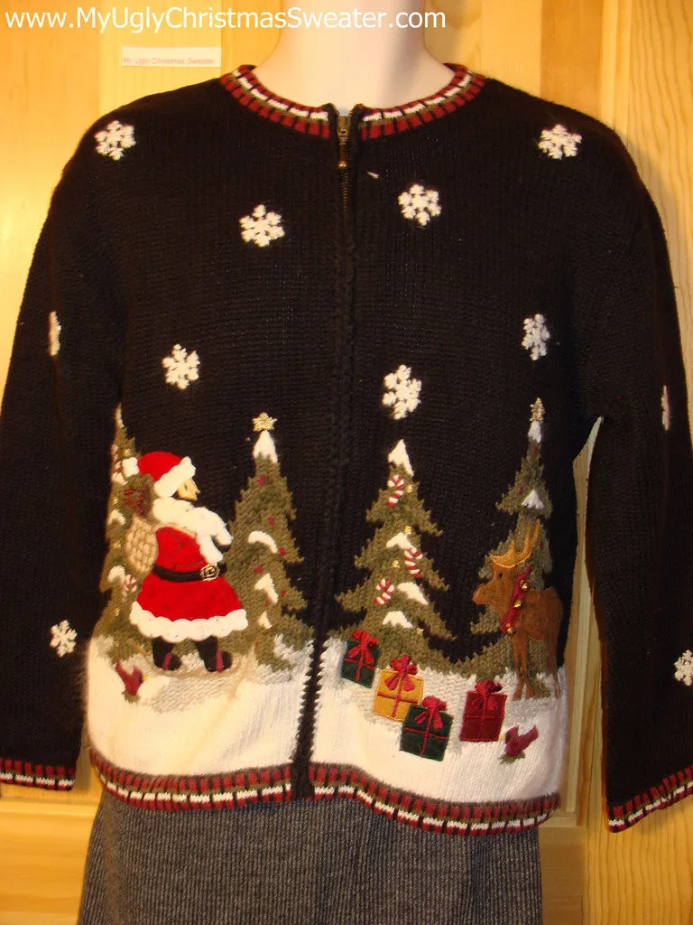 Tacky Cheap Ugly Christmas Sweater Festive Nightime Winter Wonderland with Santa and Trees (f512)