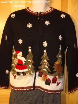 Tacky Cheap Ugly Christmas Sweater Festive Nightime Winter Wonderland with Santa and Trees (f512)