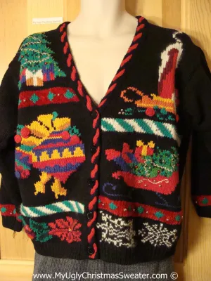 Tacky Christmas Sweater Party Ugly Sweater with 80s Horrid Candle, Ornaments, Sleigh, Tree, Ivy and Snowflake. Ivy on Back Too. (f996)