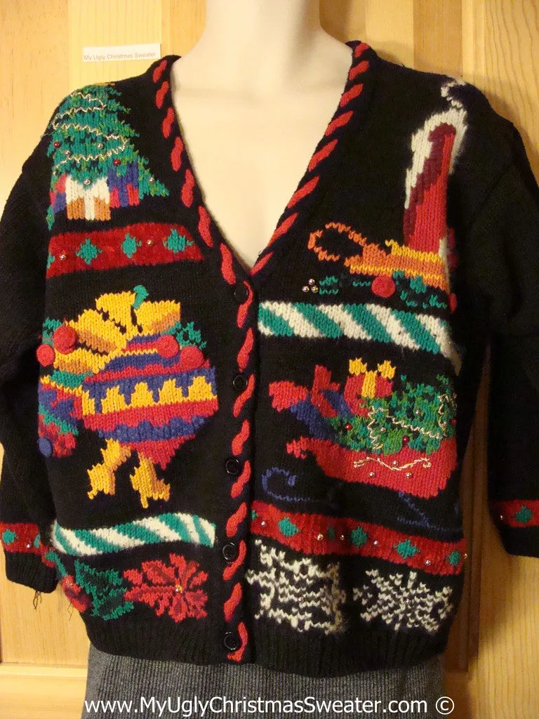 Tacky Christmas Sweater Party Ugly Sweater with 80s Horrid Candle, Ornaments, Sleigh, Tree, Ivy and Snowflake. Ivy on Back Too. (f996)