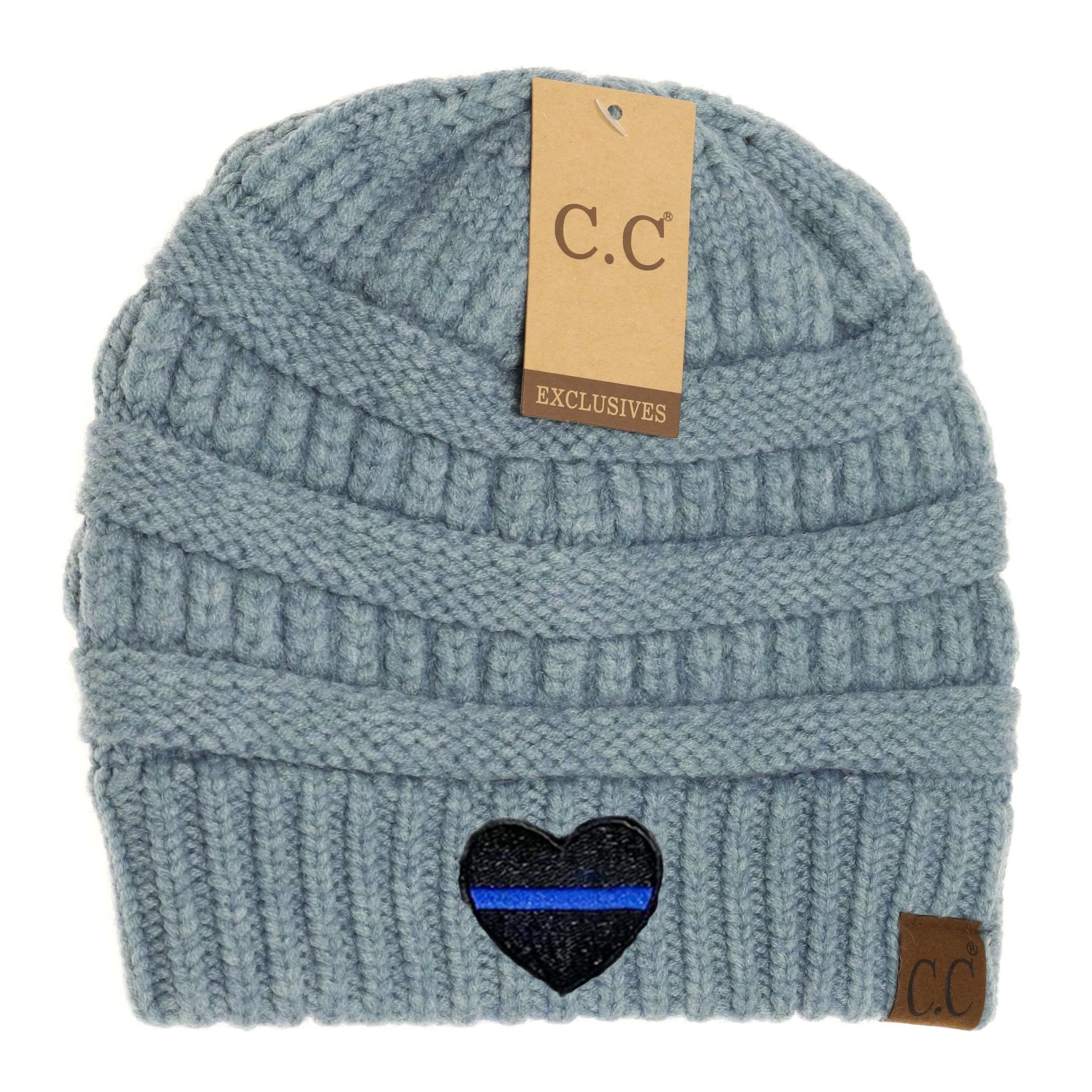 Thin Blue Line Heart Mixed Soft Yarn Beanie