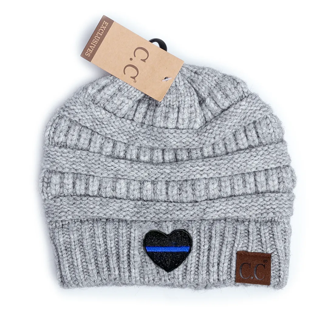 Thin Blue Line Heart Mixed Soft Yarn Beanie