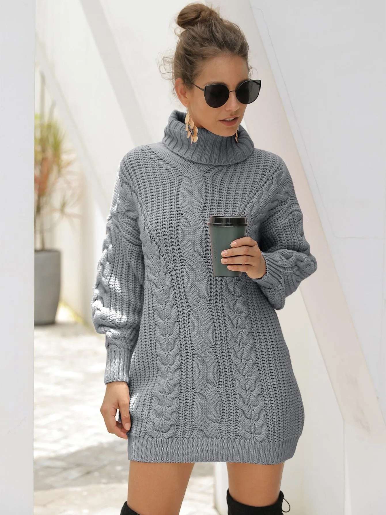 Turtleneck Cable Knit Jumper Dress