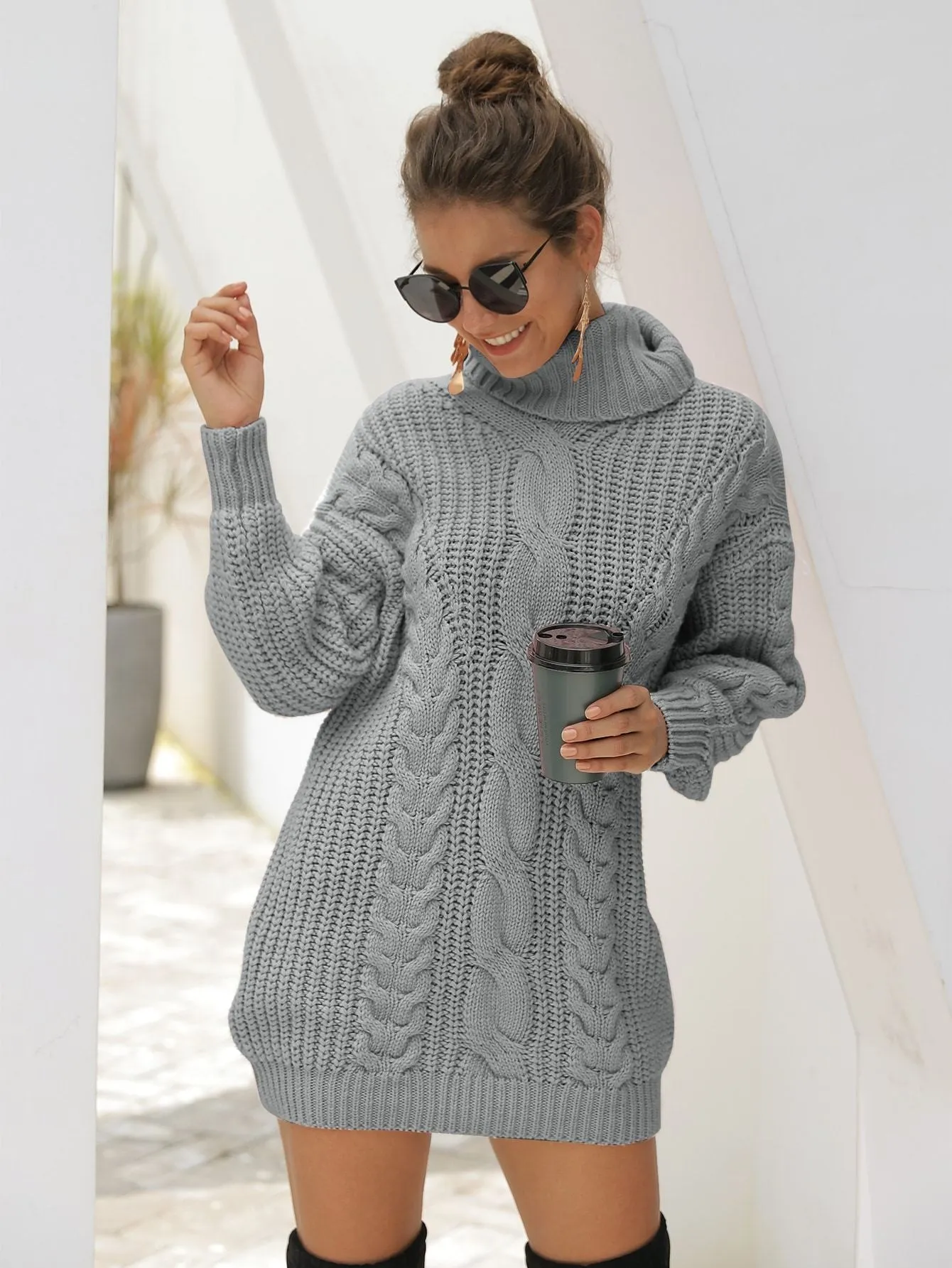 Turtleneck Cable Knit Jumper Dress