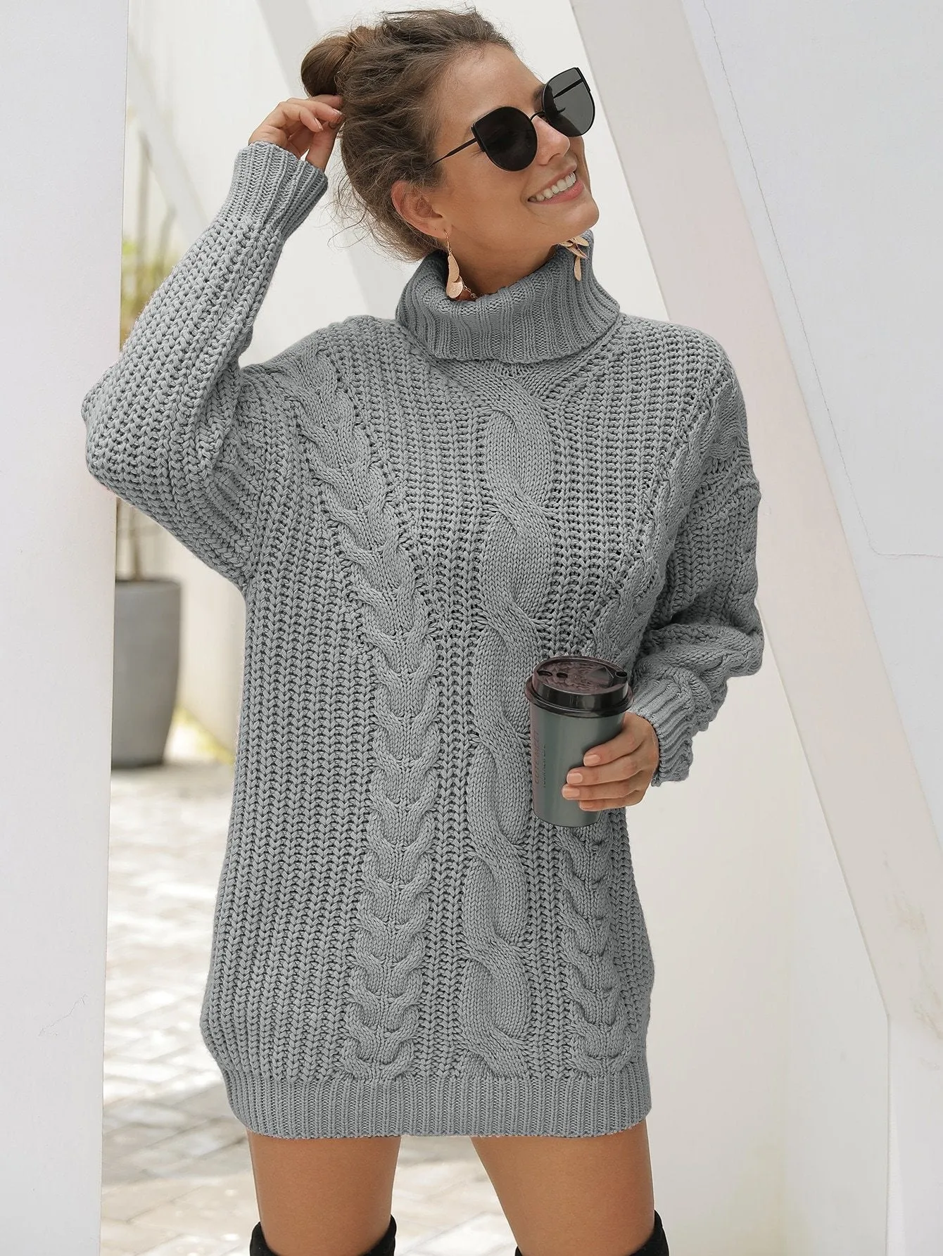 Turtleneck Cable Knit Jumper Dress