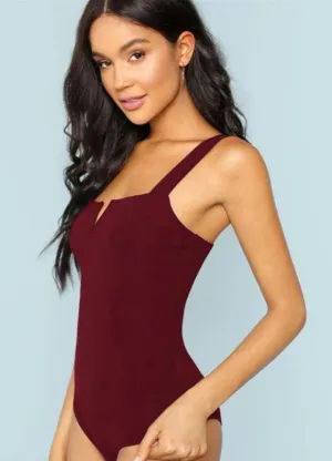 V-Cut Minimalist Bodysuit Swimsuit - Burgundy