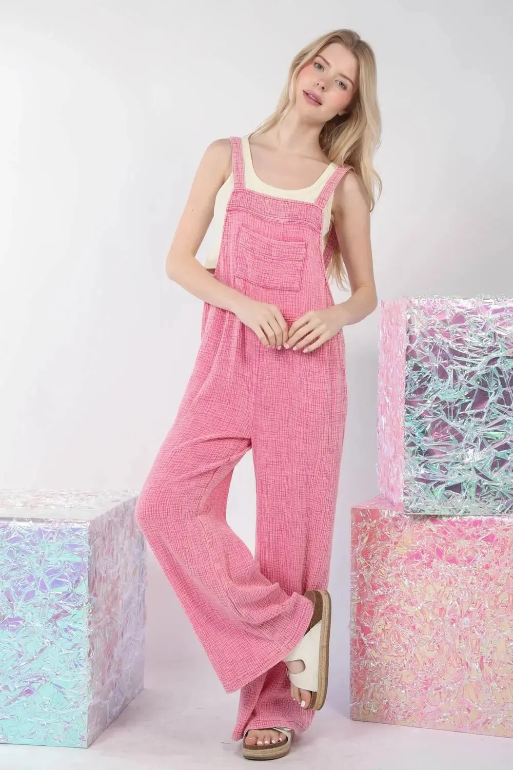VERY J Texture Washed Wide Leg Overalls