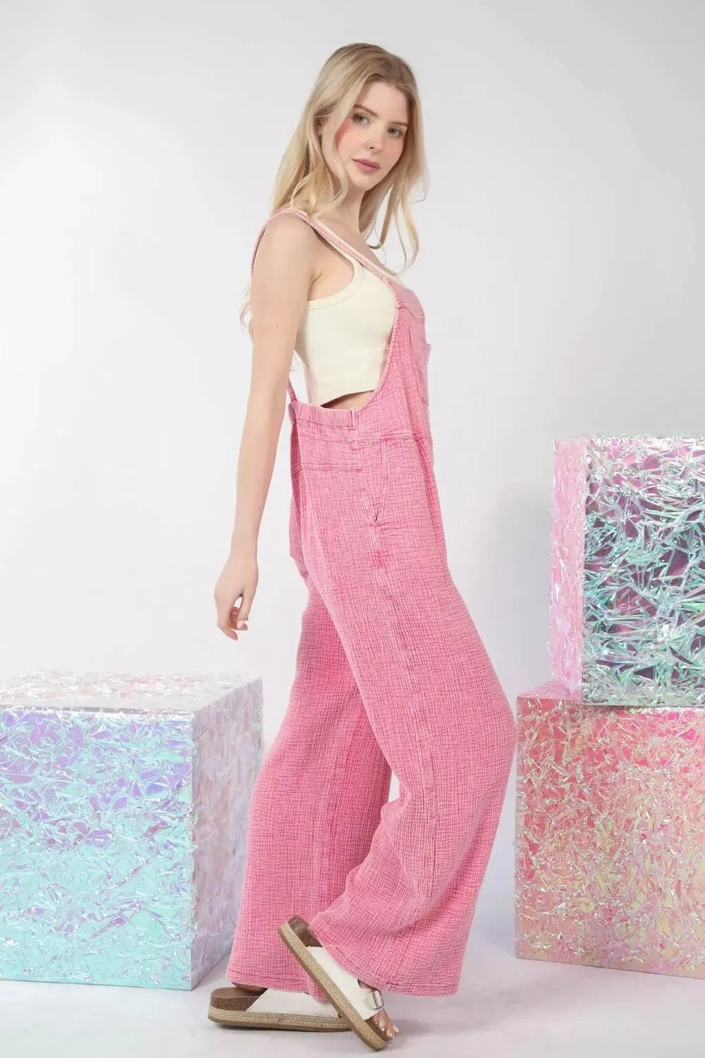 VERY J Texture Washed Wide Leg Overalls