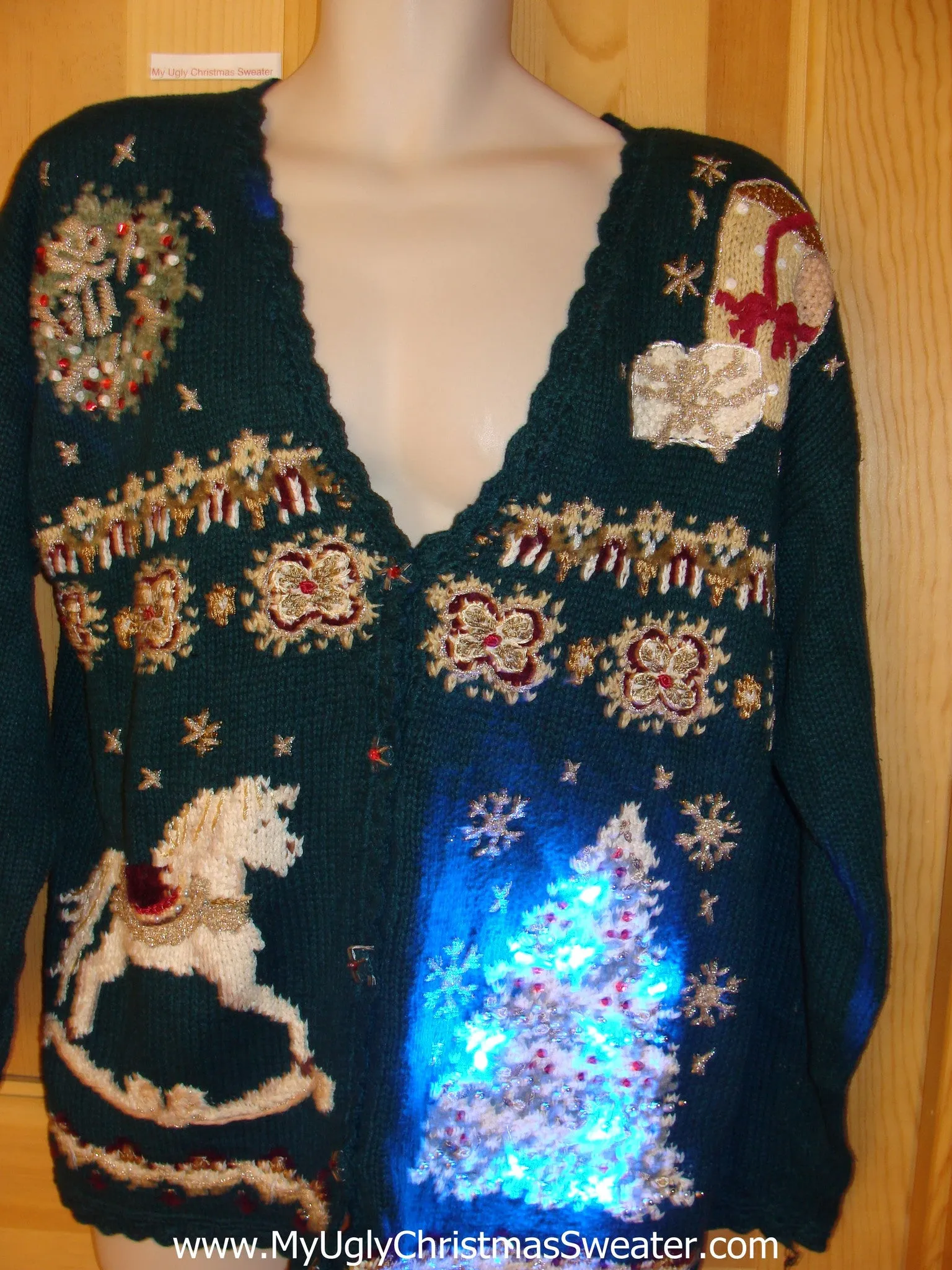 Vintage 80s Funny Light Up Christmas Sweater with Tree and Lights