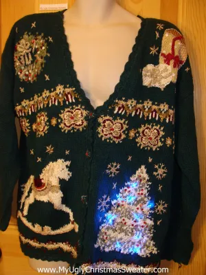 Vintage 80s Funny Light Up Christmas Sweater with Tree and Lights