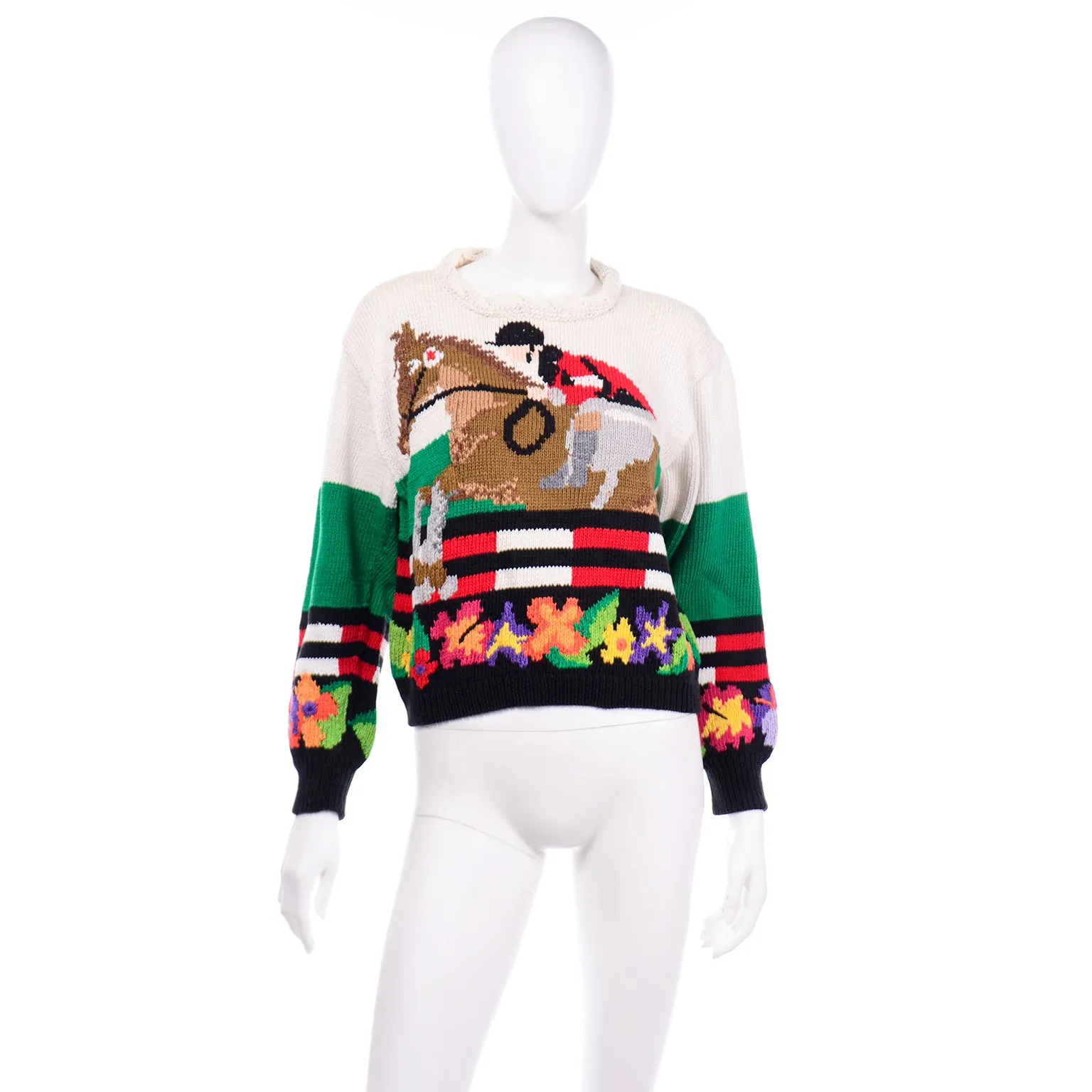 Vintage Berek Cotton Jockey Equestrian Horse Novelty Sweater