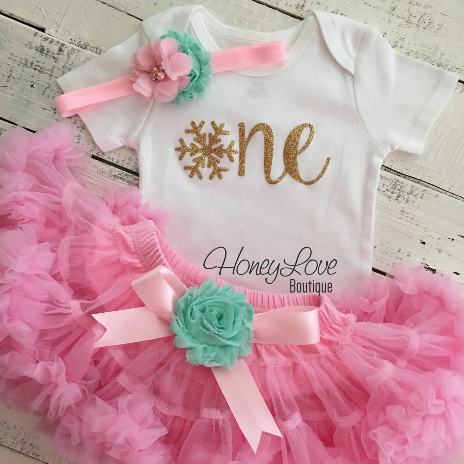 Winter ONEderland 1st Birthday outfit - Light Pink, Mint/Aqua and Gold glitter
