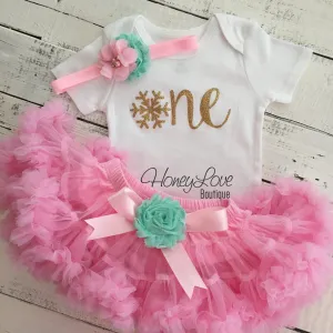 Winter ONEderland 1st Birthday outfit - Light Pink, Mint/Aqua and Gold glitter